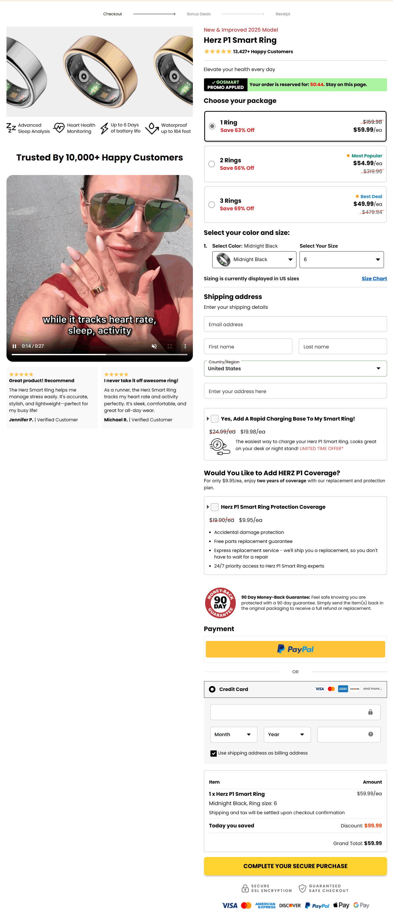 Herz P1 Smart Ring secure checkout page